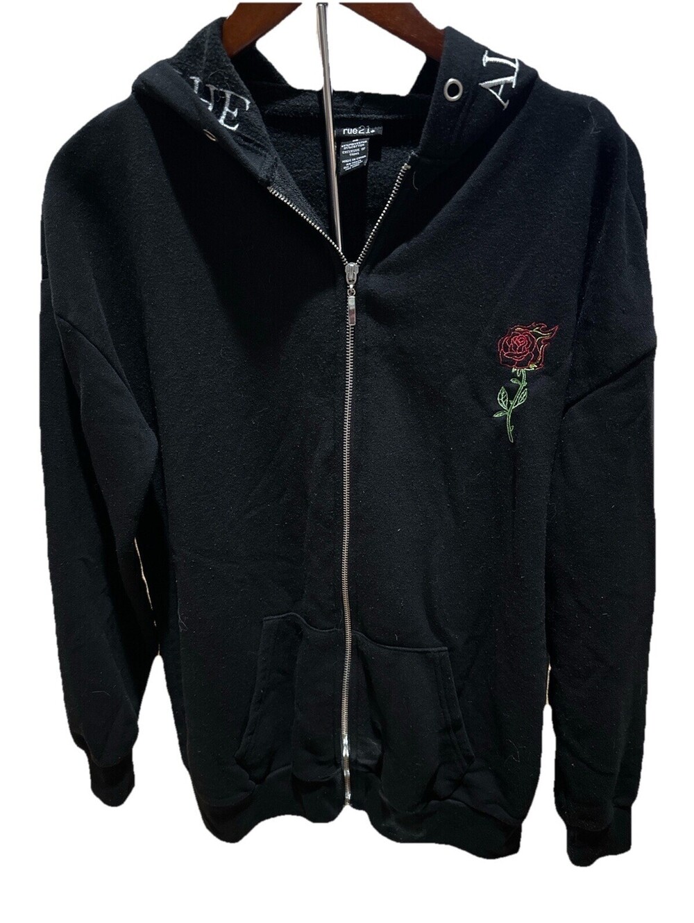Rue21 Hoodie Womens XS Black Rose Embroidered Zip Up Graphic Hooded
